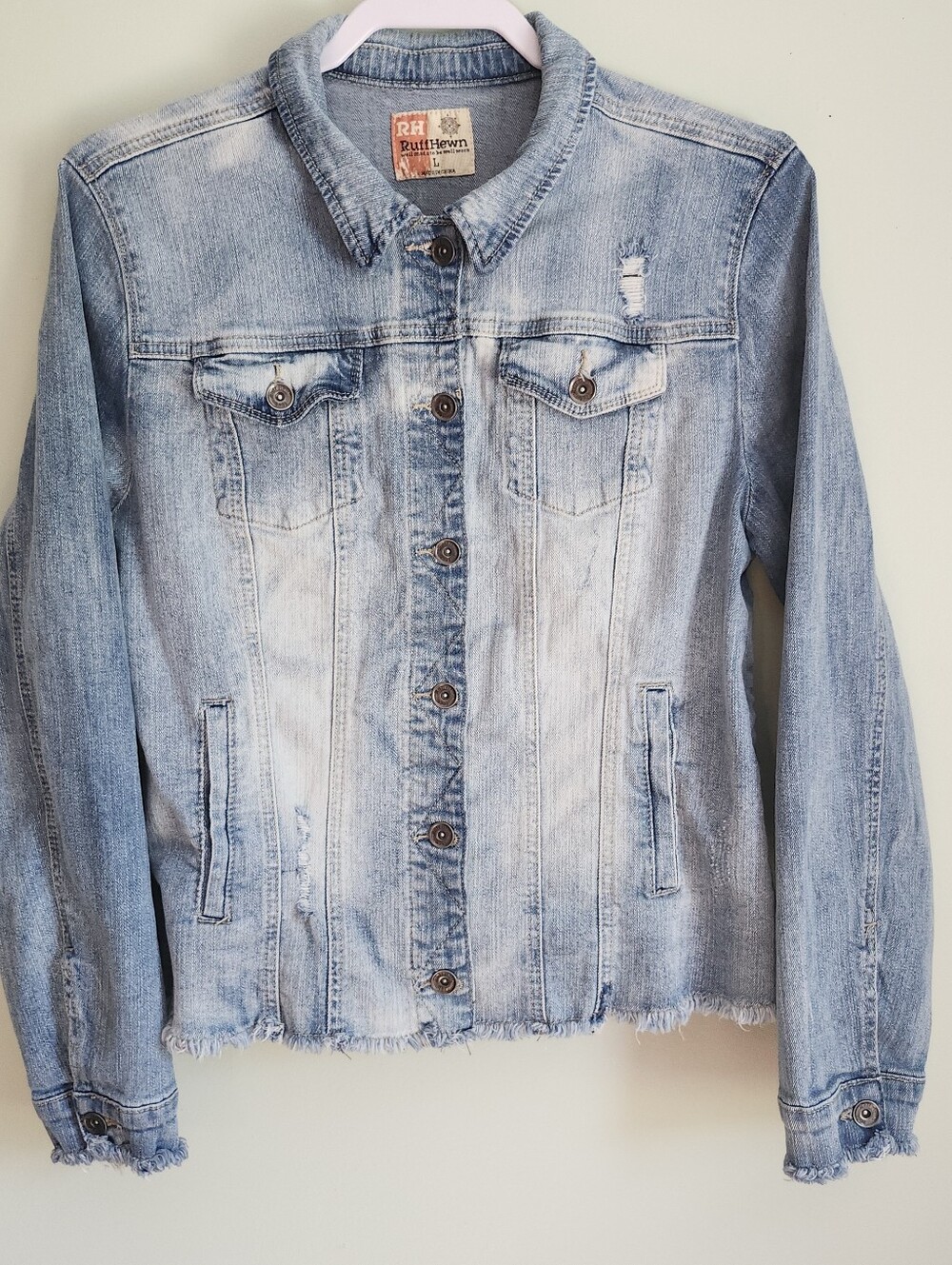 RUFF HEWN Button Frayed Hem Distressed Faded Fitted Stretch Denim Jacket Women L